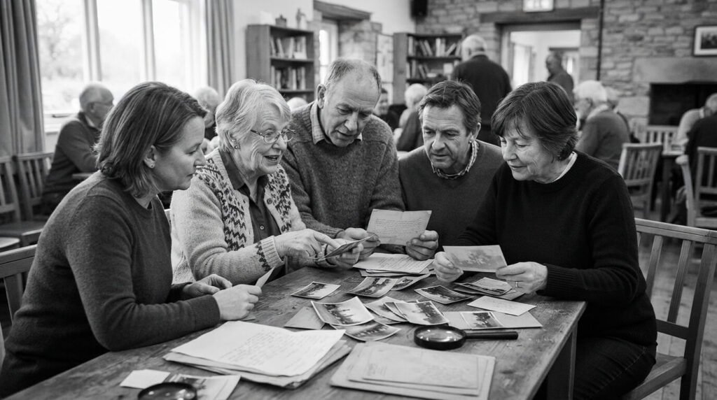 Four people sit around a wooden table in a community room, looking at old photographs and documents while sharing memories in this black-and-white.