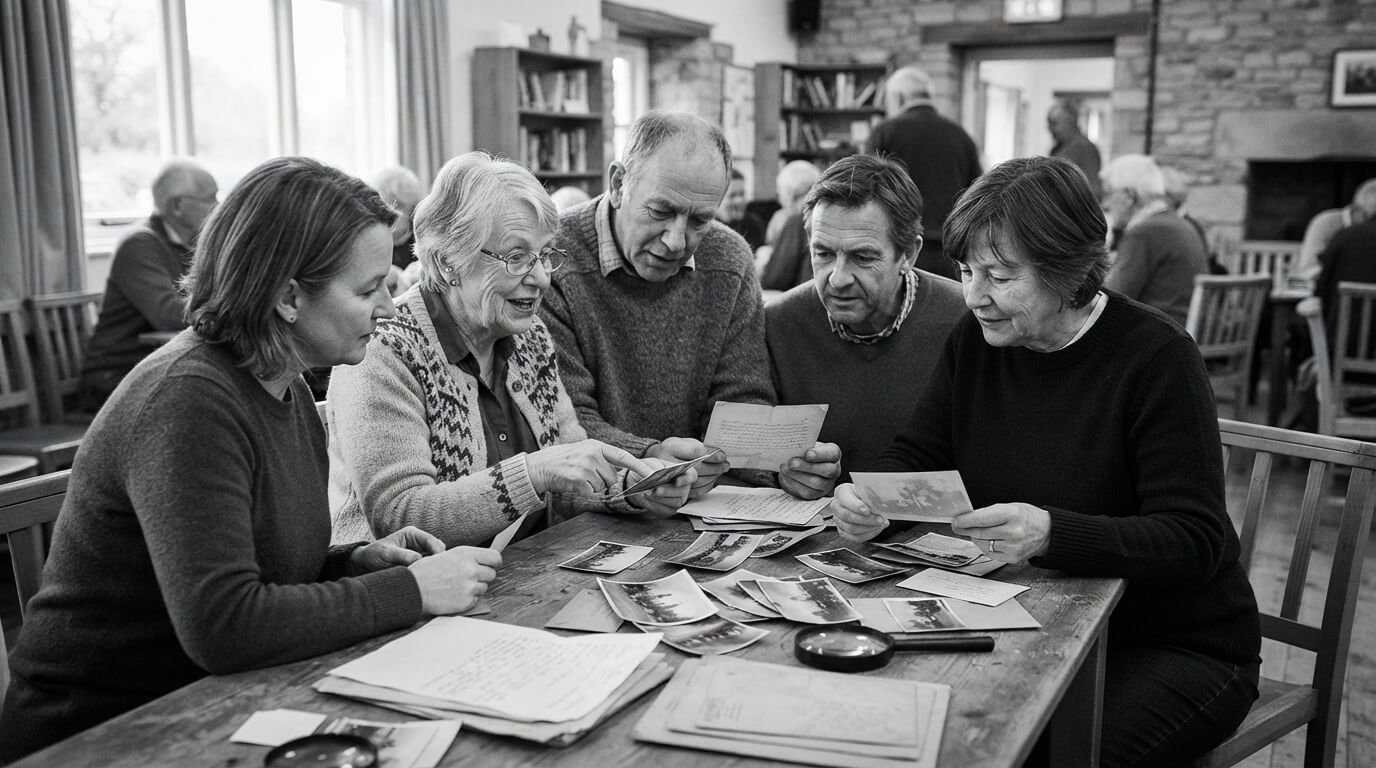 Four people sit around a wooden table in a community room, looking at old photographs and documents while sharing memories in this black-and-white.