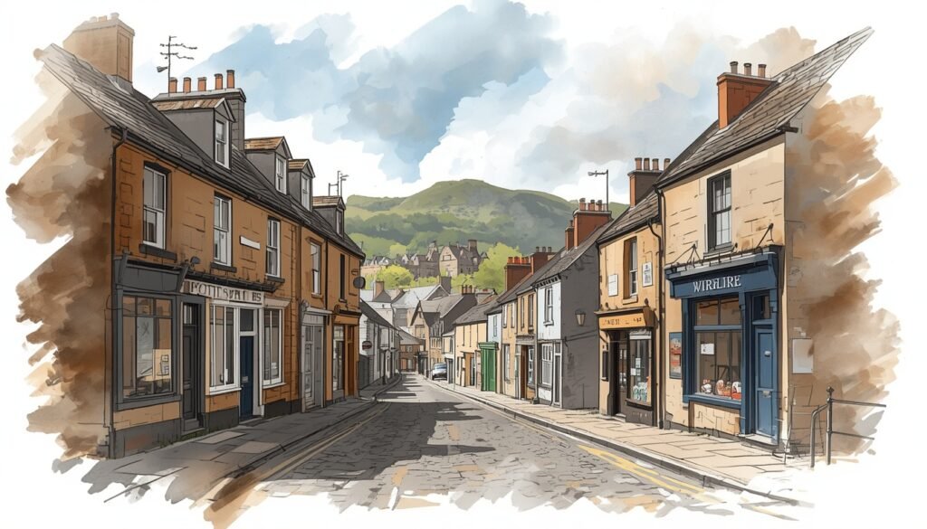 A quiet street in a small town with stone buildings, shops, and a hill with trees and houses in the background under a partly cloudy sky.